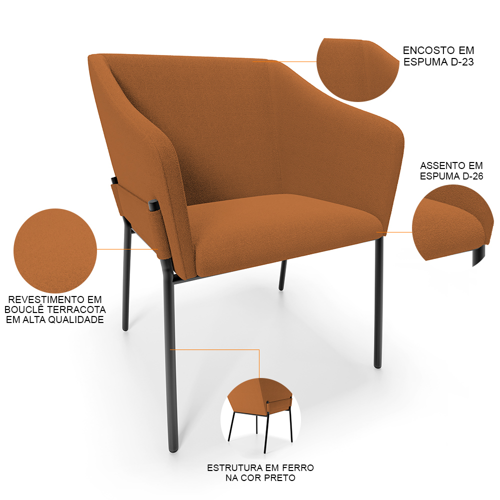 Kit 3 Cadeiras Para Sala de Jantar Estar Living Olívia L02 Bouclê Terracota - Lyam Decor