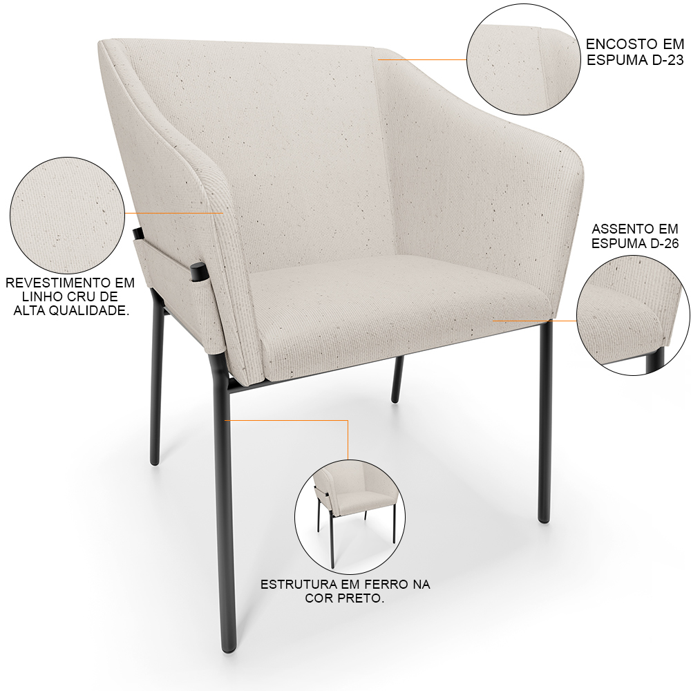 Kit 3 Cadeiras Para Sala de Jantar Estar Living Olívia L02 Linho Cru - Lyam Decor
