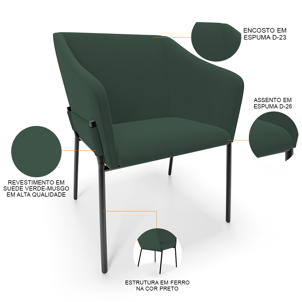 Kit 3 Cadeiras Para Sala de Jantar Estar Living Olívia L02 Suede Verde - Lyam Decor