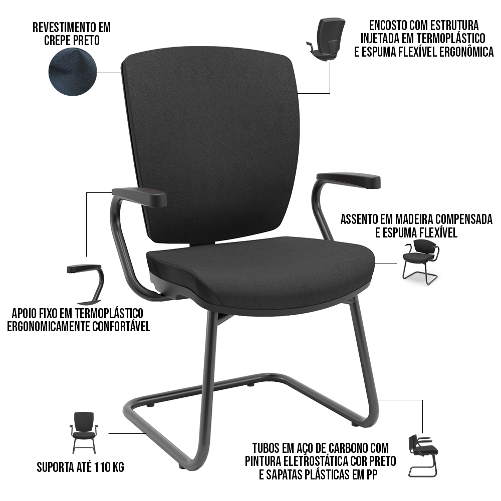 Kit 3 Cadeiras de Escritório Fixa Executiva Office Preto Slim Alta Flexi P03 Poliéster Preto - Lyam