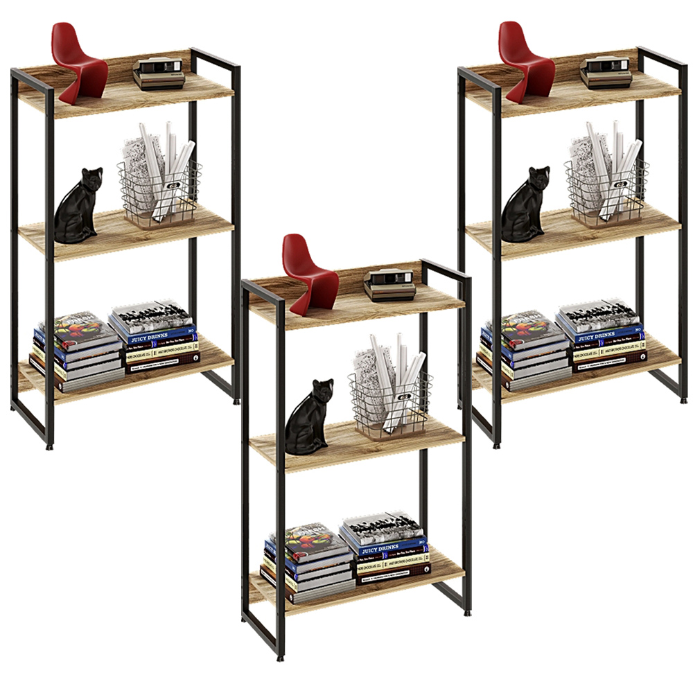 Kit 3 Estantes Multiuso Escritório Industrial 3 Prateleiras Areta 104x60cm C01 Carvalho - Lyam Decor