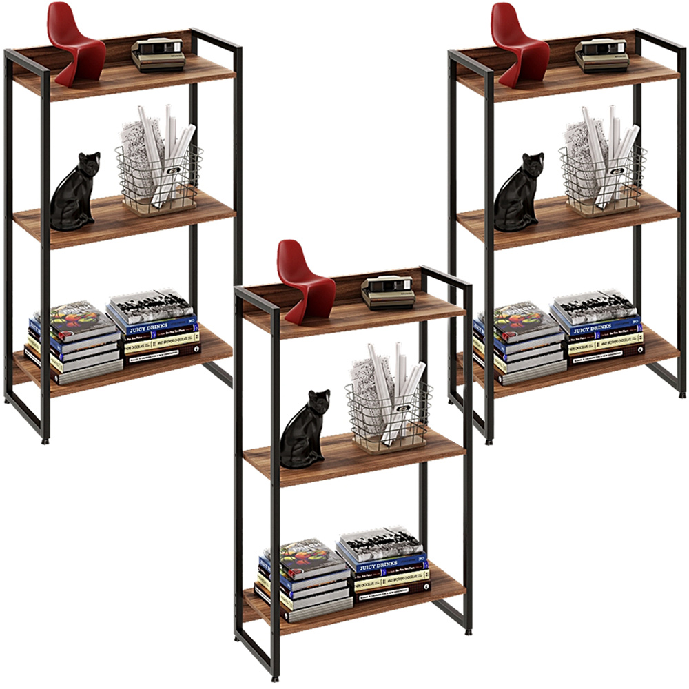 Kit 3 Estantes Multiuso Escritório Industrial 3 Prateleiras Areta 104x60cm C01 Nogal - Lyam Decor