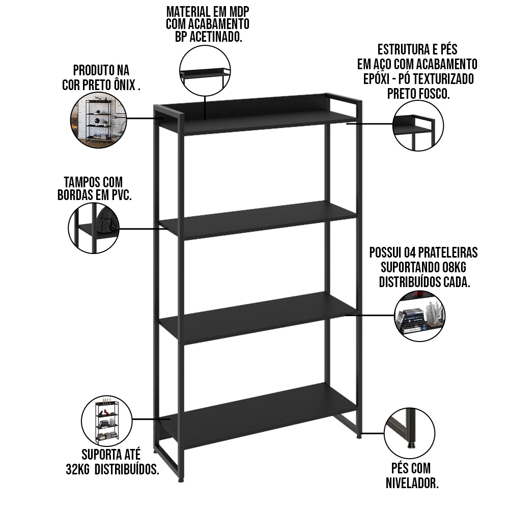 Kit 3 Estantes Multiuso Escritório Industrial 4 Prateleiras Areta 145x80cm C01 Onix - Lyam Decor
