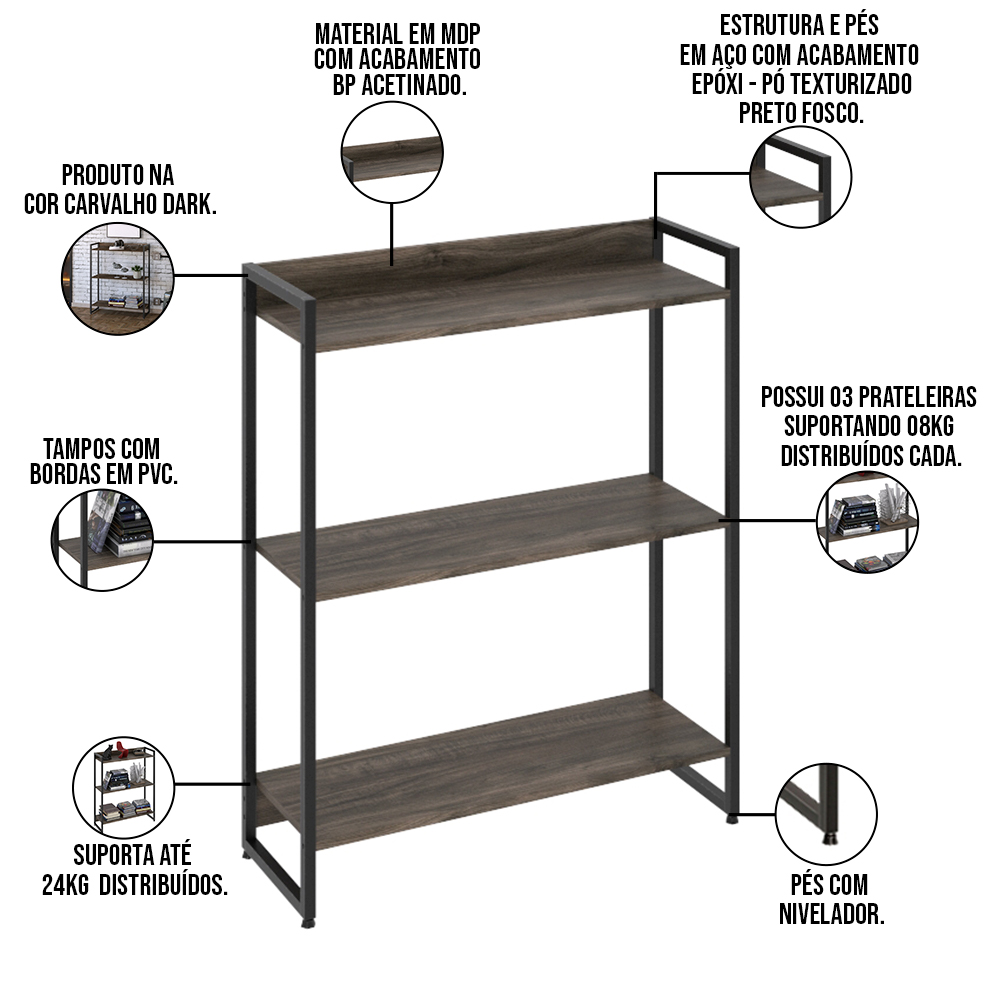 Kit 3 Estantes Multiuso Industrial 3 Prateleiras Areta 104x80cm C01 Carvalho Dark - Lyam Decor