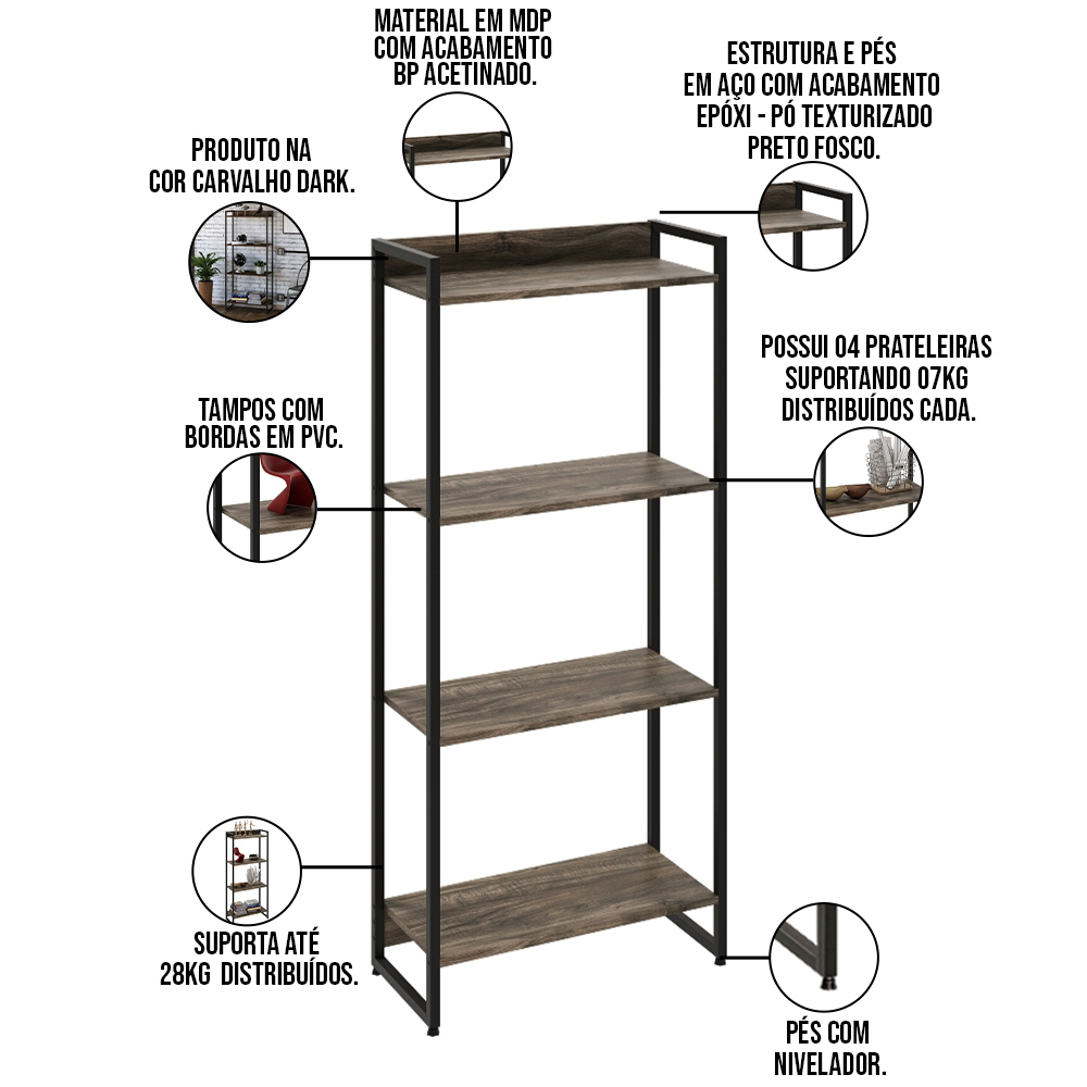 Kit 3 Estantes Multiuso Industrial 4 Prateleiras Areta 145x60cm C01 Carvalho Dark - Lyam Decor