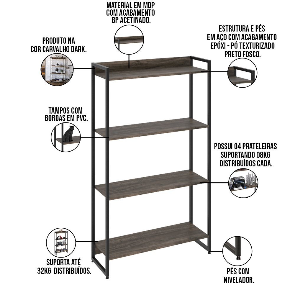 Kit 3 Estantes Multiuso Industrial 4 Prateleiras Areta 145x80cm C01 Carvalho Dark - Lyam Decor