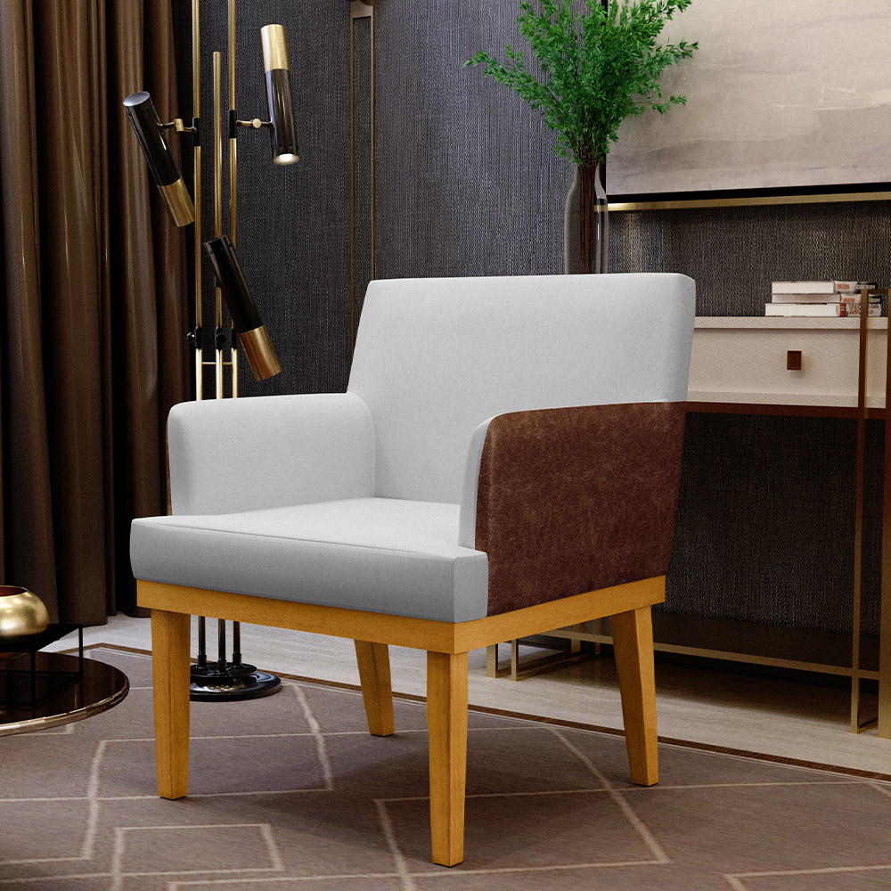 Kit 3 Poltronas Decorativa Para Sala De Estar Beatriz W01 Linho Cinza Couríssimo Marrom - Lyam Decor