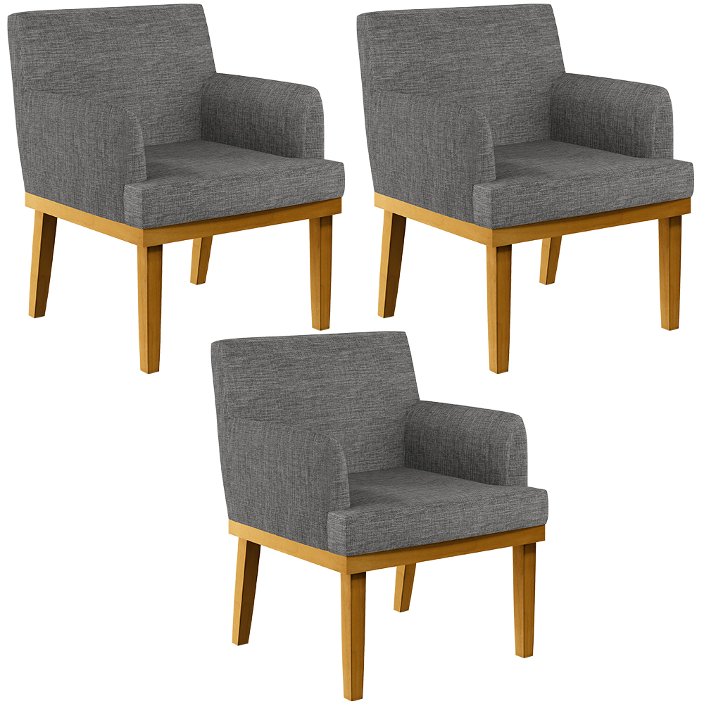 Kit 3 Poltronas Decorativas Para Sala De Estar Base Mel Beatriz W01 Linho Cinza Escuro - Lyam Decor