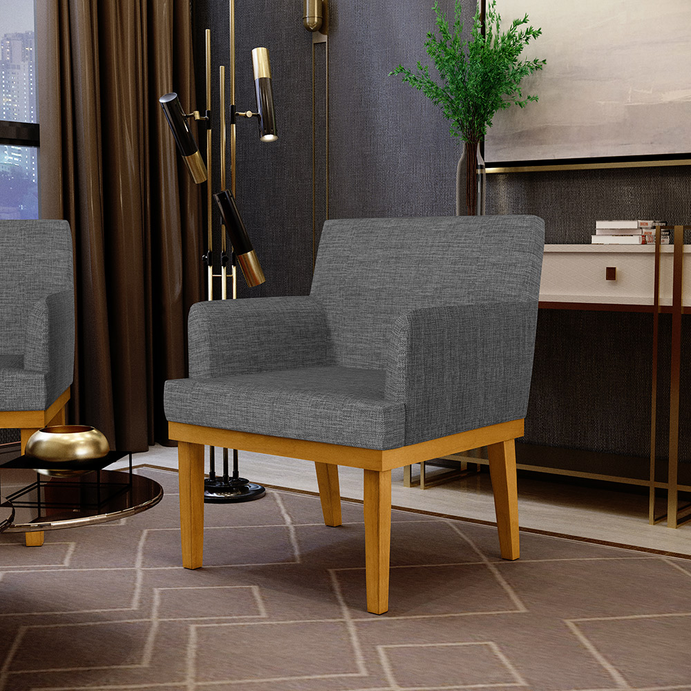 Kit 3 Poltronas Decorativas Para Sala De Estar Base Mel Beatriz W01 Linho Cinza Escuro - Lyam Decor