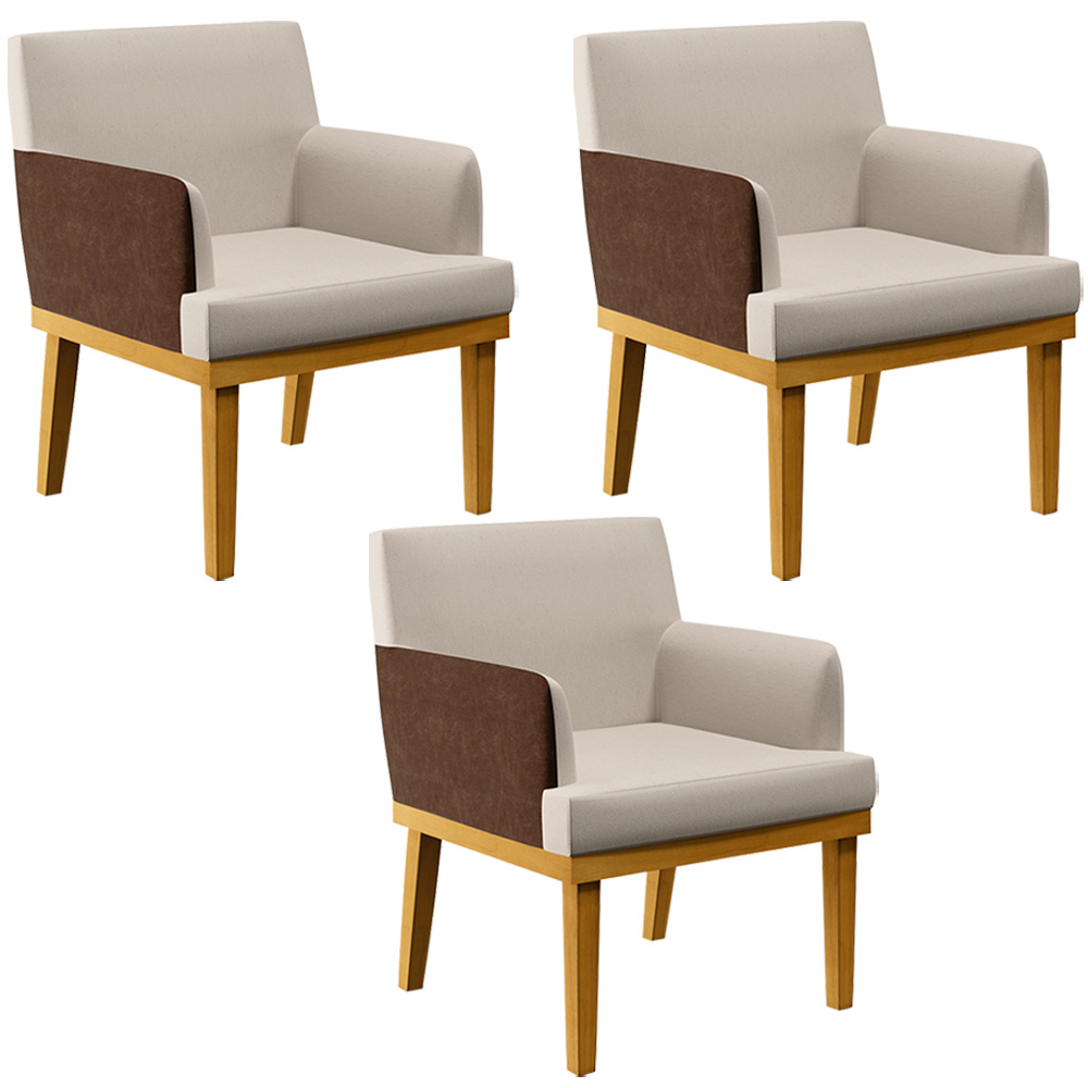 Kit 3 Poltronas Decorativas Para Sala De Estar Beatriz W01 Linho Cru Couríssimo Marrom - Lyam Decor