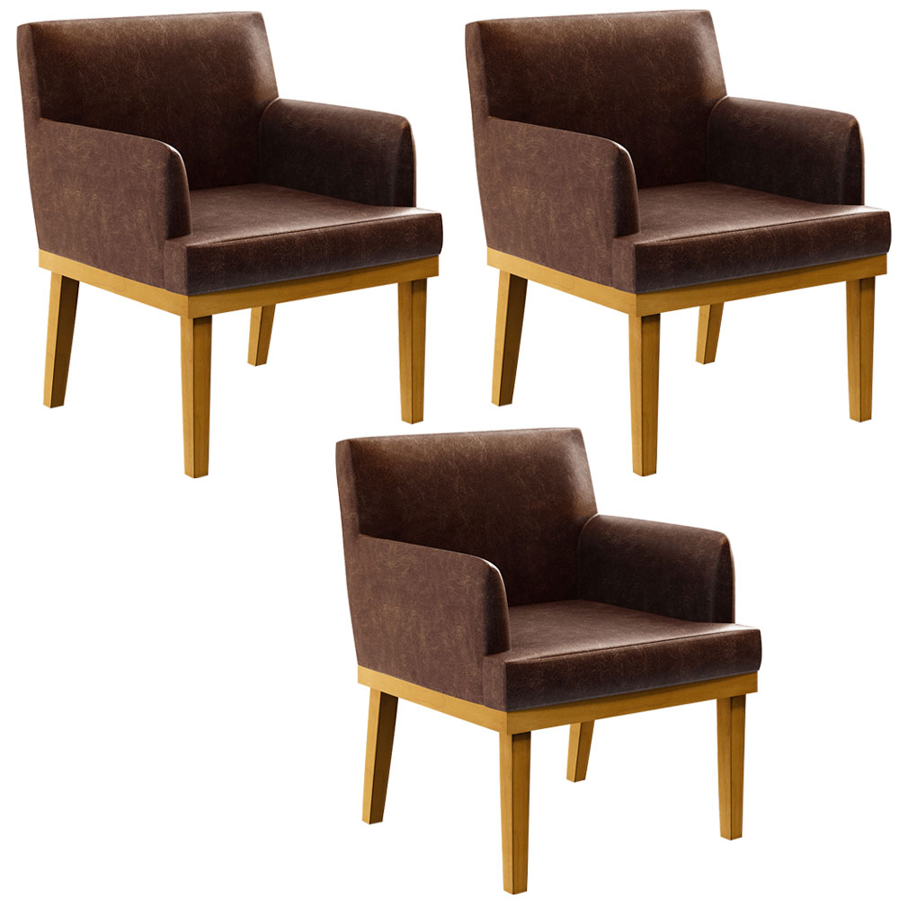 Kit 3 Poltronas Decorativas Para Sala De Estar E Recepção Beatriz W01 Couríssimo Marrom - Lyam Decor
