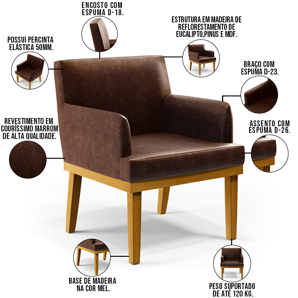Kit 3 Poltronas Decorativas Para Sala De Estar E Recepção Beatriz W01 Couríssimo Marrom - Lyam Decor