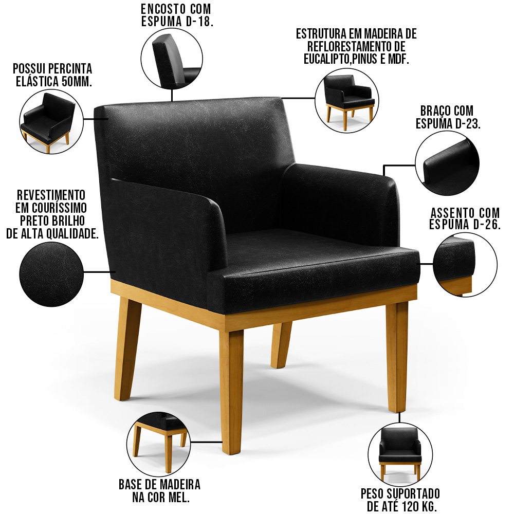 Kit 3 Poltronas Decorativas Para Sala De Estar E Recepção Beatriz W01 Couríssimo Preto - Lyam Decor
