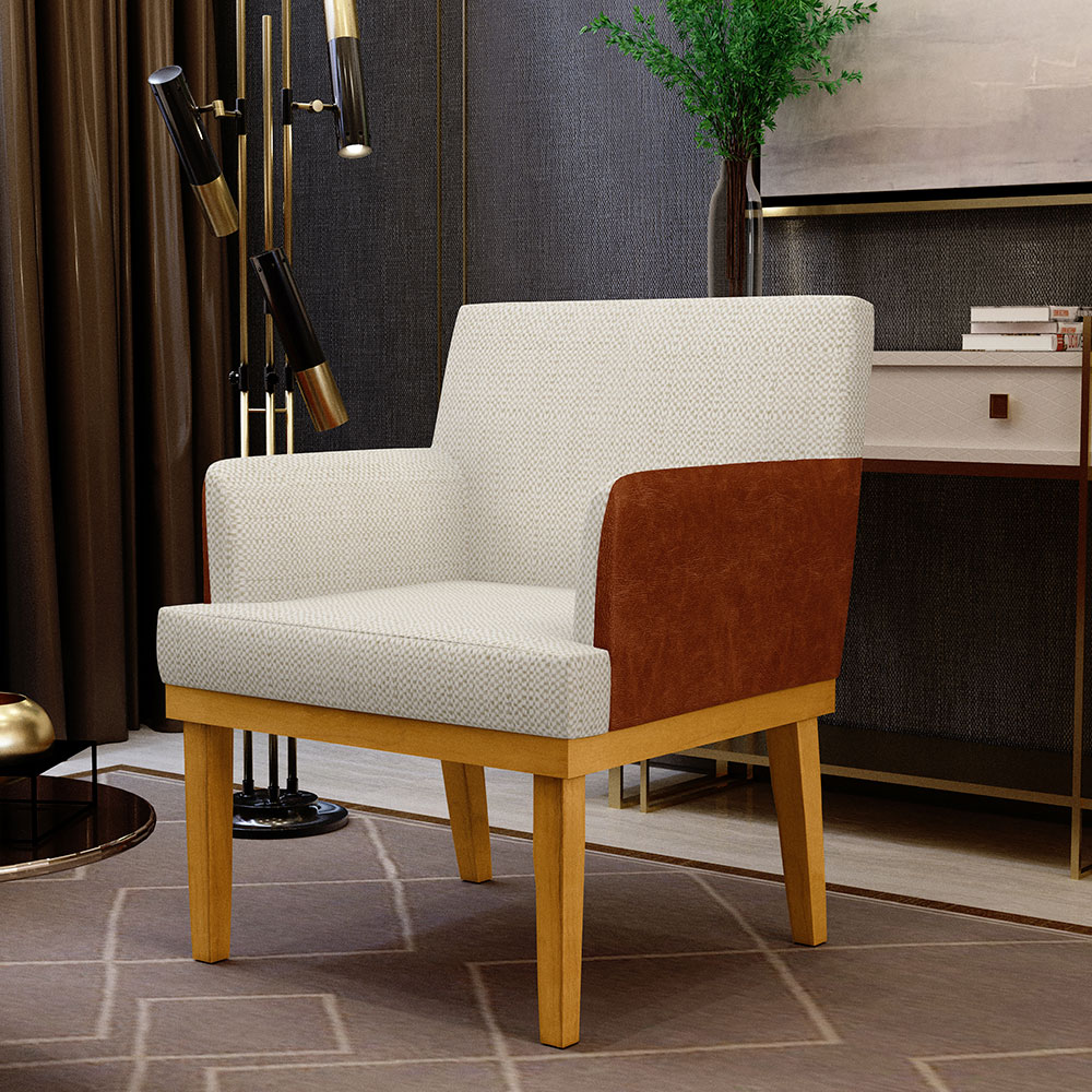 Kit 3 Poltronas Decorativas Sala De Estar Beatriz W01 Linho Champagne Couríssimo Camel - Lyam Decor