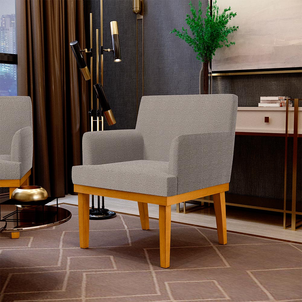 Kit 3 Poltronas Decorativas Sala De Estar E Recepção Base Mel Beatriz W01 Bouclê Bege - Lyam Decor