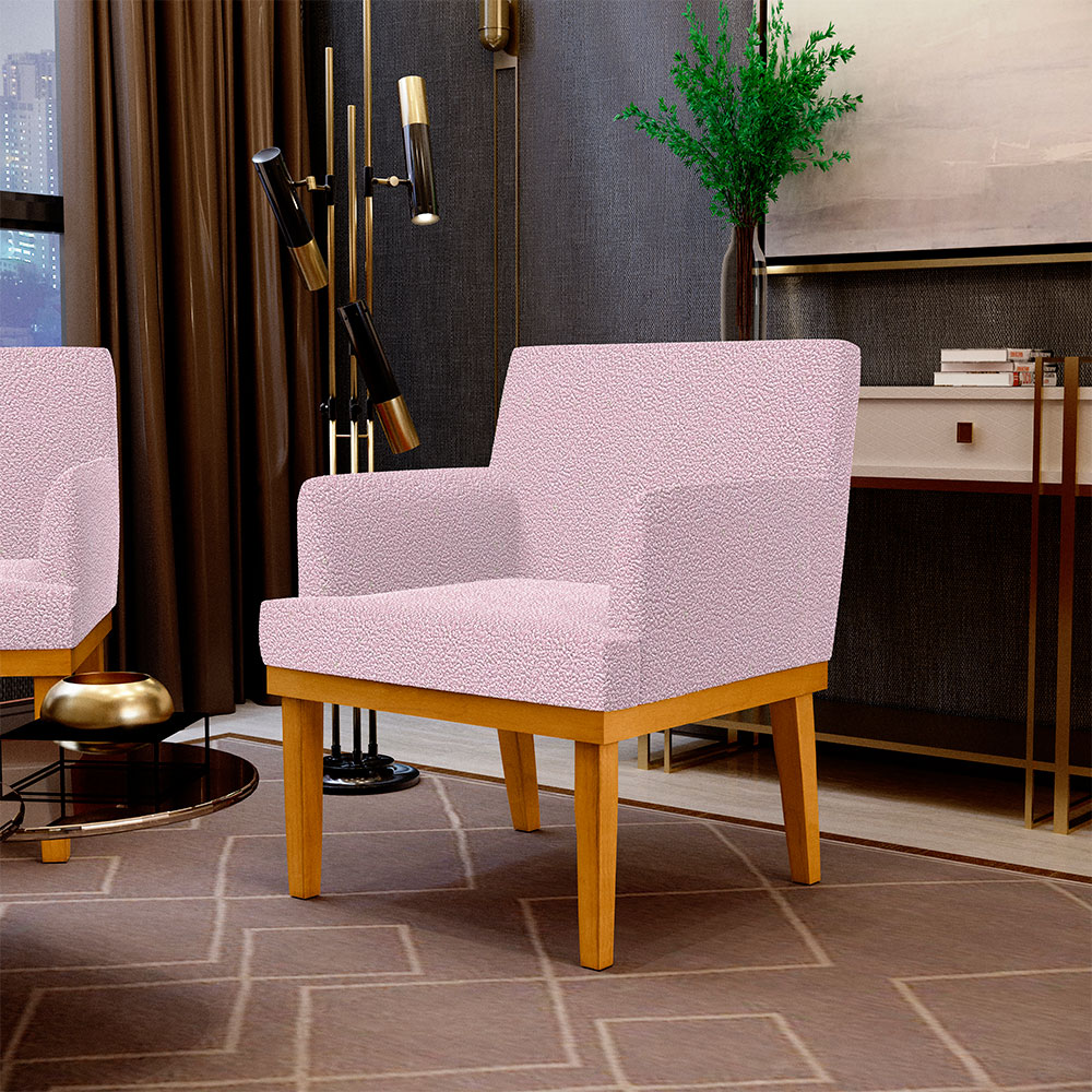 Kit 3 Poltronas Decorativas Sala De Estar E Recepção Base Mel Beatriz W01 Bouclê Rosê - Lyam Decor