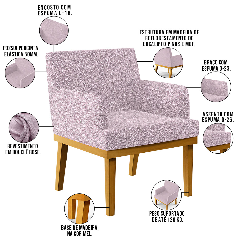 Kit 3 Poltronas Decorativas Sala De Estar E Recepção Base Mel Beatriz W01 Bouclê Rosê - Lyam Decor