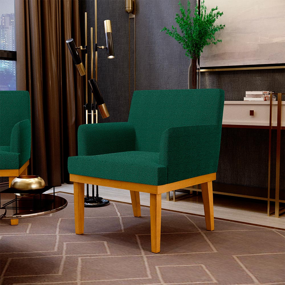 Kit 3 Poltronas Decorativas Sala De Estar E Recepção Base Mel Beatriz W01 Bouclê Verde - Lyam Decor