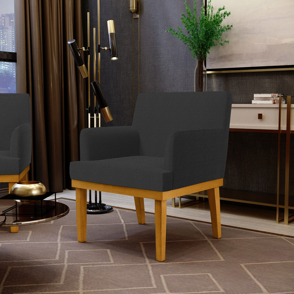 Kit 3 Poltronas Decorativas Sala De Estar E Recepção Beatriz W01 Bouclê Preto - Lyam Decor