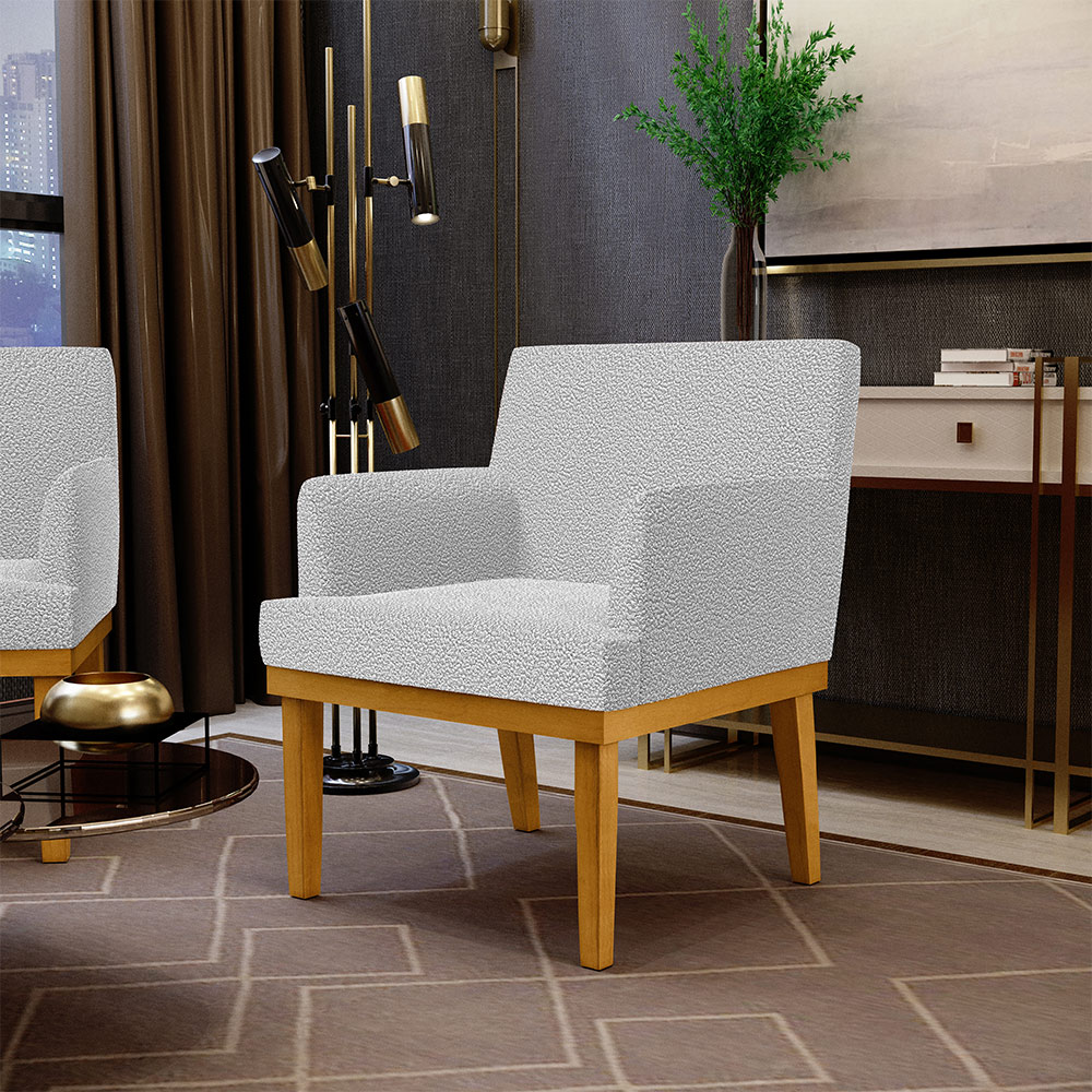 Kit 3 Poltronas Decorativas Sala De Estar Recepção Base Mel Beatriz W01 Bouclê Cinza - Lyam Decor
