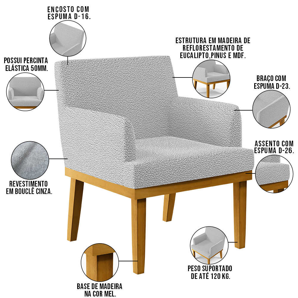 Kit 3 Poltronas Decorativas Sala De Estar Recepção Base Mel Beatriz W01 Bouclê Cinza - Lyam Decor