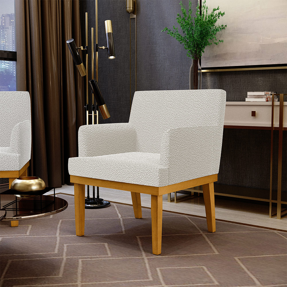 Kit 3 Poltronas Decorativas Sala De Estar Recepção Base Mel Beatriz W01 Bouclê Creme - Lyam Decor
