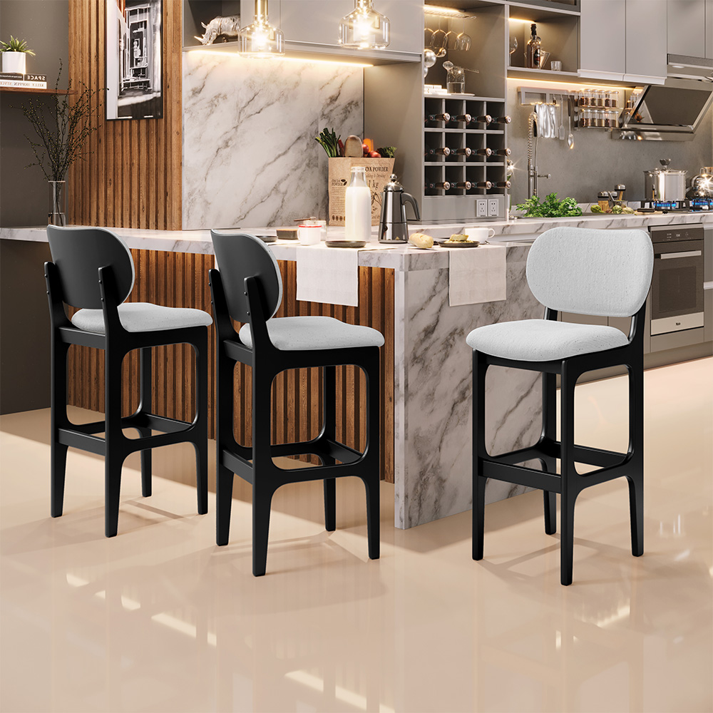 Kit 4 Banquetas Alta Bar Cozinha Sala Jantar Fixa Betta L02 Preto Linho Cinza - Lyam Decor