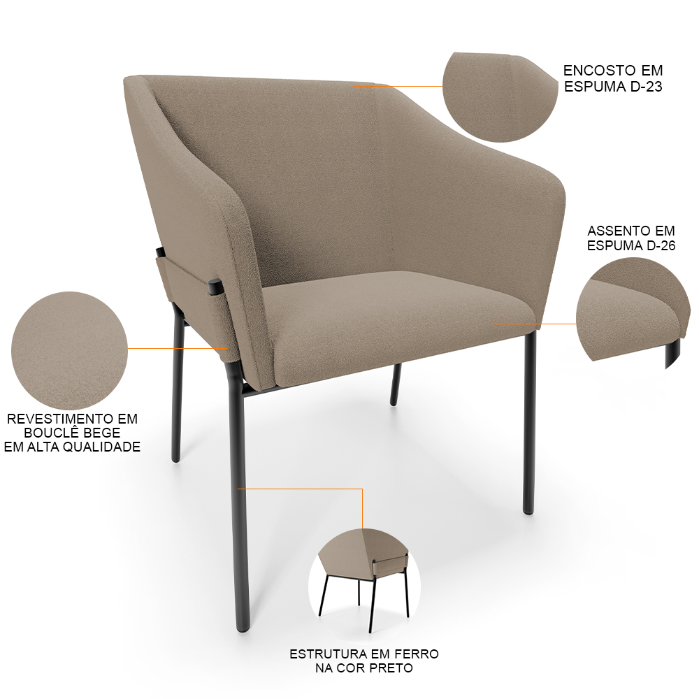 Kit 4 Cadeiras Para Sala de Jantar Estar Living Olívia L02 Bouclê Bege - Lyam Decor