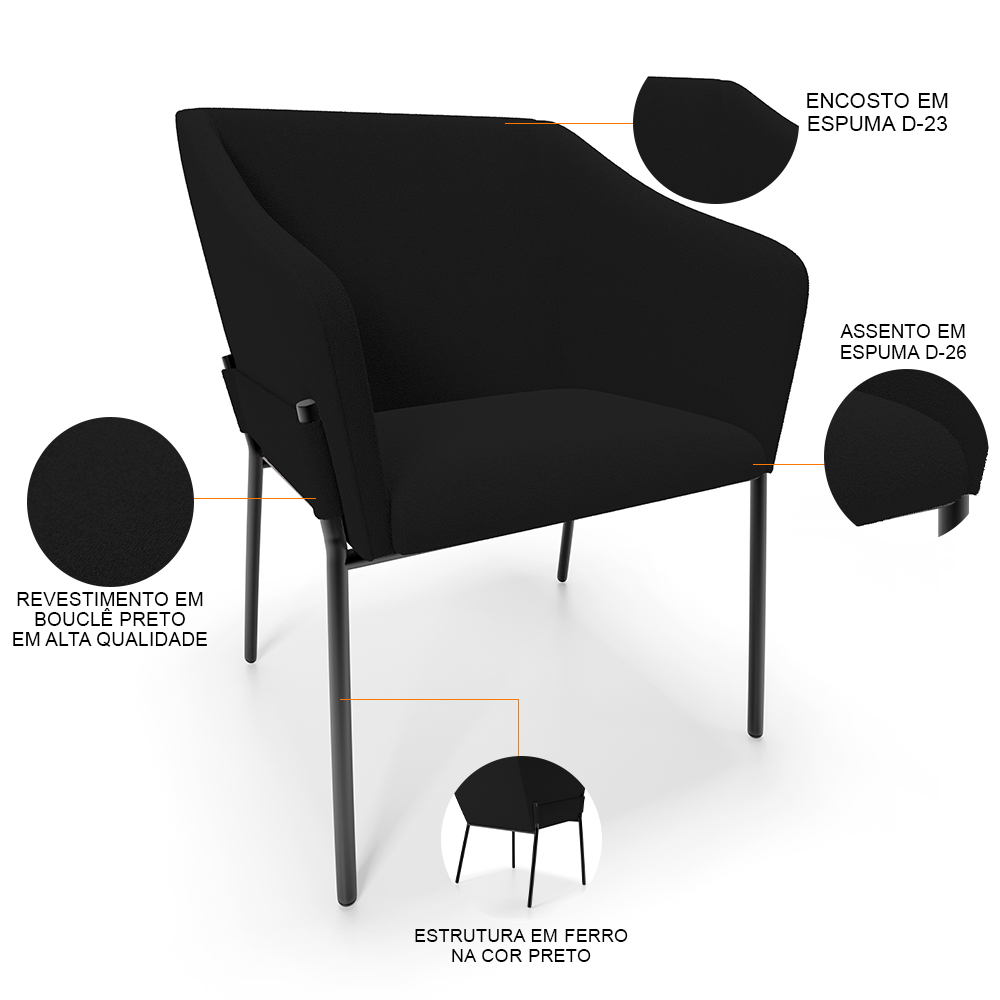 Kit 4 Cadeiras Para Sala de Jantar Estar Living Olívia L02 Bouclê Preto - Lyam Decor