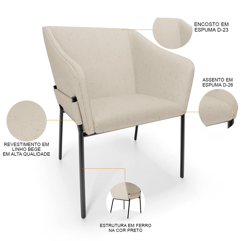 Kit 4 Cadeiras Para Sala de Jantar Estar Living Olívia L02 Linho Bege - Lyam Decor