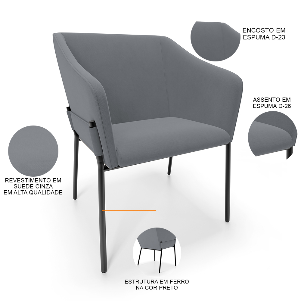 Kit 4 Cadeiras Para Sala de Jantar Estar Living Olívia L02 Suede Cinza - Lyam Decor