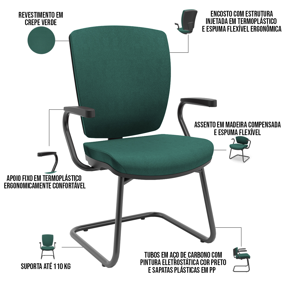 Kit 4 Cadeiras de Escritório Fixa Executiva Office Preto Slim Alta Flexi P03 Poliéster Verde - Lyam
