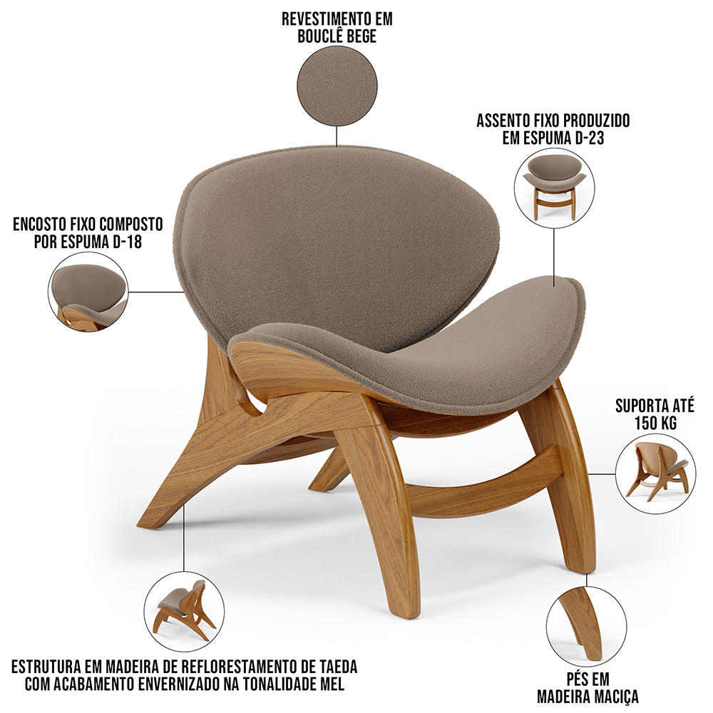 Kit 4 Poltronas Decorativa Orgânica Sala Living Kadosh L02 Bouclê Bege - Lyam Decor