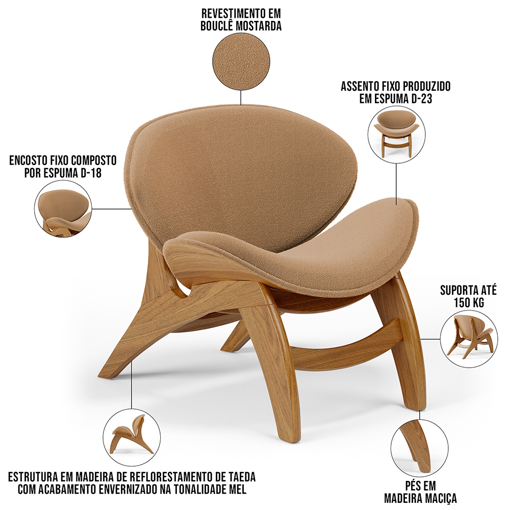 Kit 4 Poltronas Decorativa Orgânica Sala Living Kadosh L02 Bouclê Mostarda - Lyam Decor