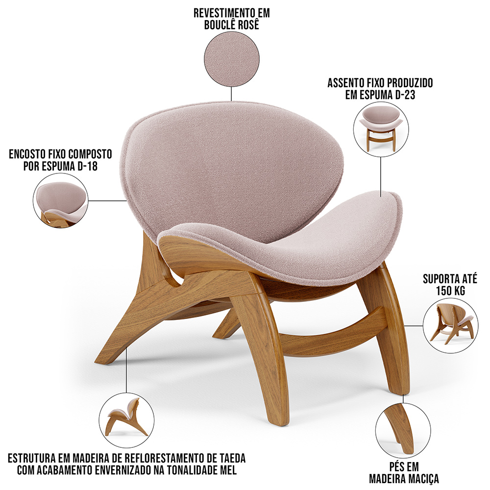Kit 4 Poltronas Decorativa Orgânica Sala Living Kadosh L02 Bouclê Rosê - Lyam Decor