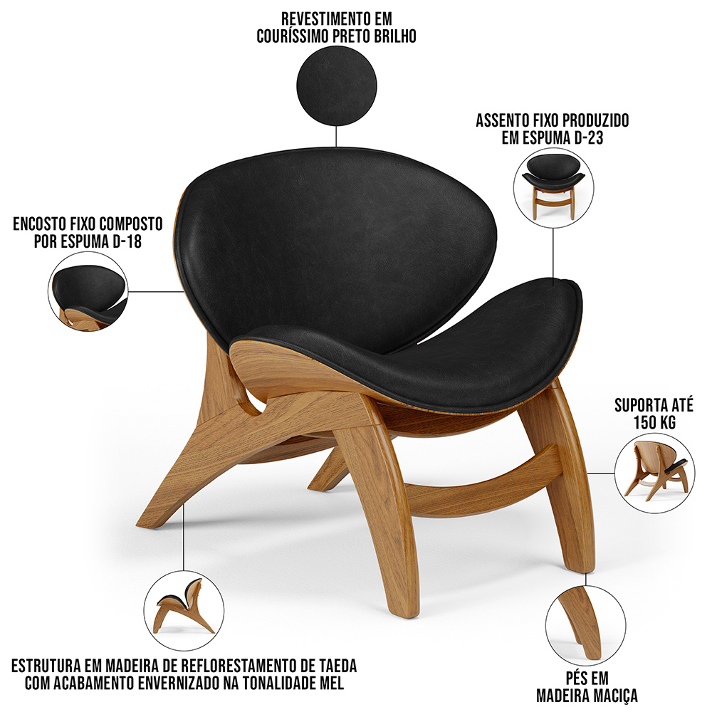 Kit 4 Poltronas Decorativa Orgânica Sala Living Kadosh L02 Couríssimo Preto Brilho - Lyam Decor