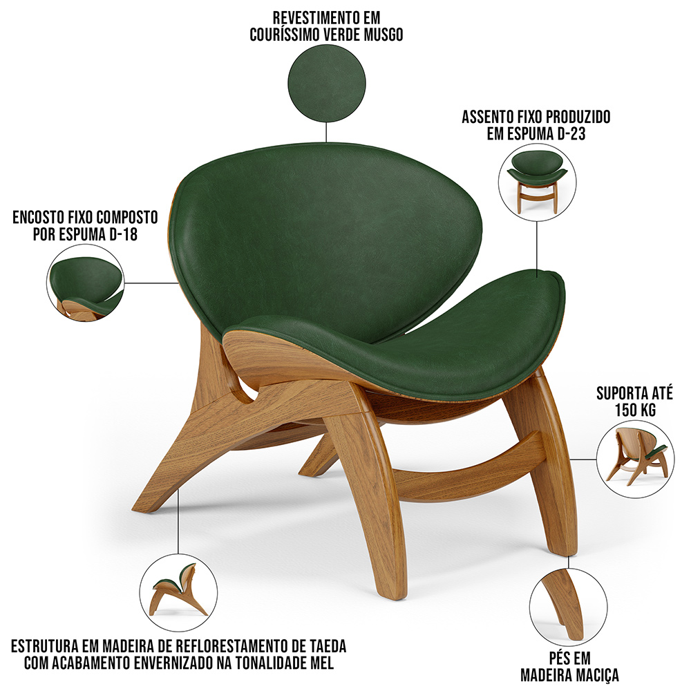 Kit 4 Poltronas Decorativa Orgânica Sala Living Kadosh L02 Couríssimo Verde Musgo - Lyam Decor