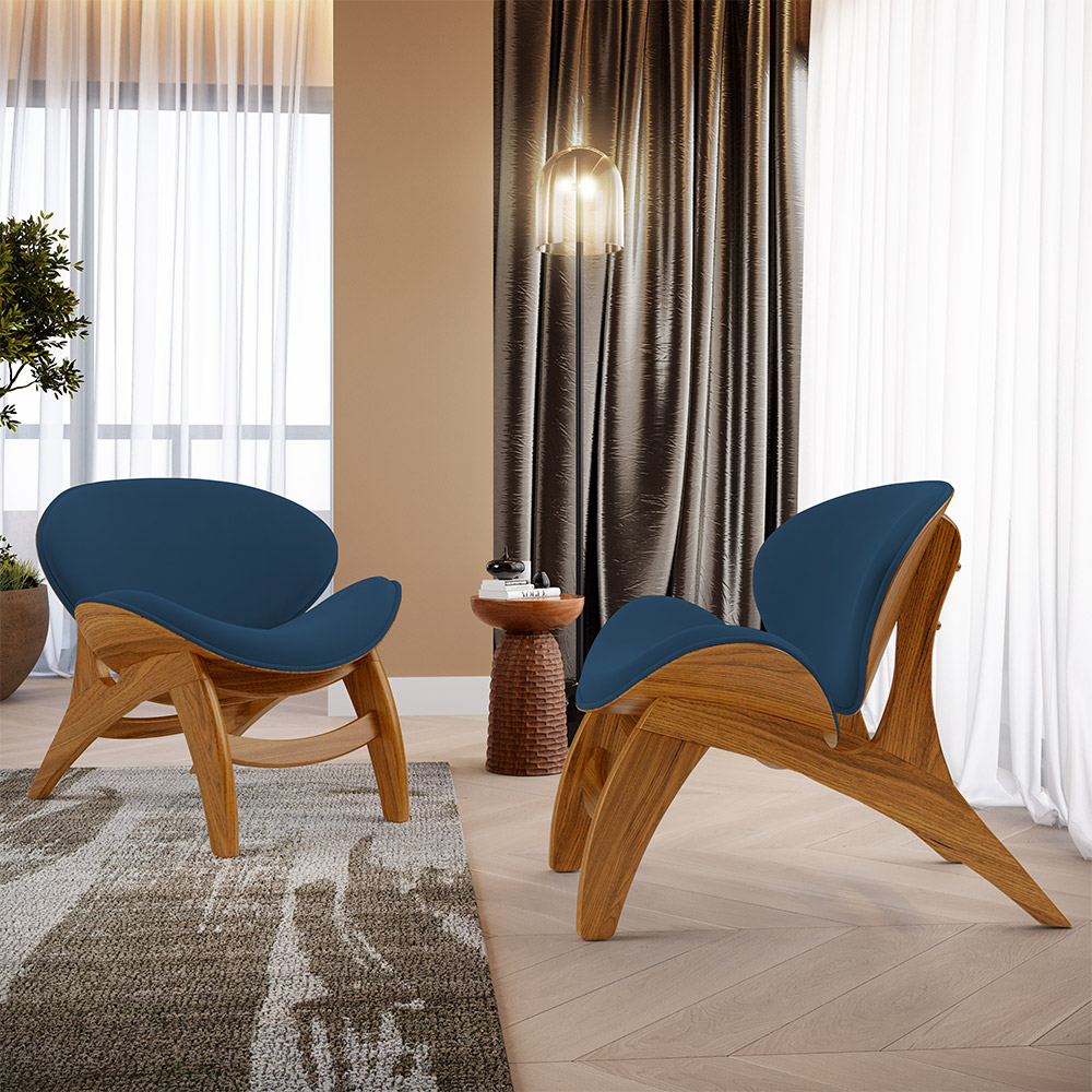 Kit 4 Poltronas Decorativa Orgânica Sala Living Kadosh L02 Suede Azul Marinho - Lyam Decor