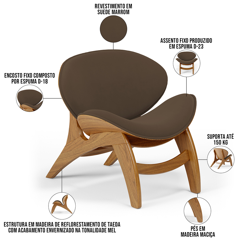 Kit 4 Poltronas Decorativa Orgânica Sala Living Kadosh L02 Suede Marrom - Lyam Decor