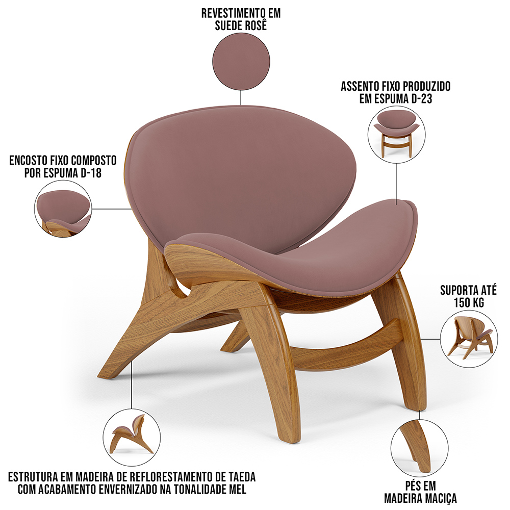 Kit 4 Poltronas Decorativa Orgânica Sala Living Kadosh L02 Suede Rosê - Lyam Decor