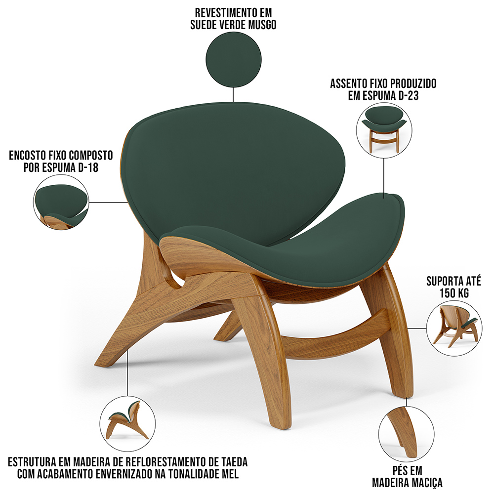 Kit 4 Poltronas Decorativa Orgânica Sala Living Kadosh L02 Suede Verde Musgo - Lyam Decor