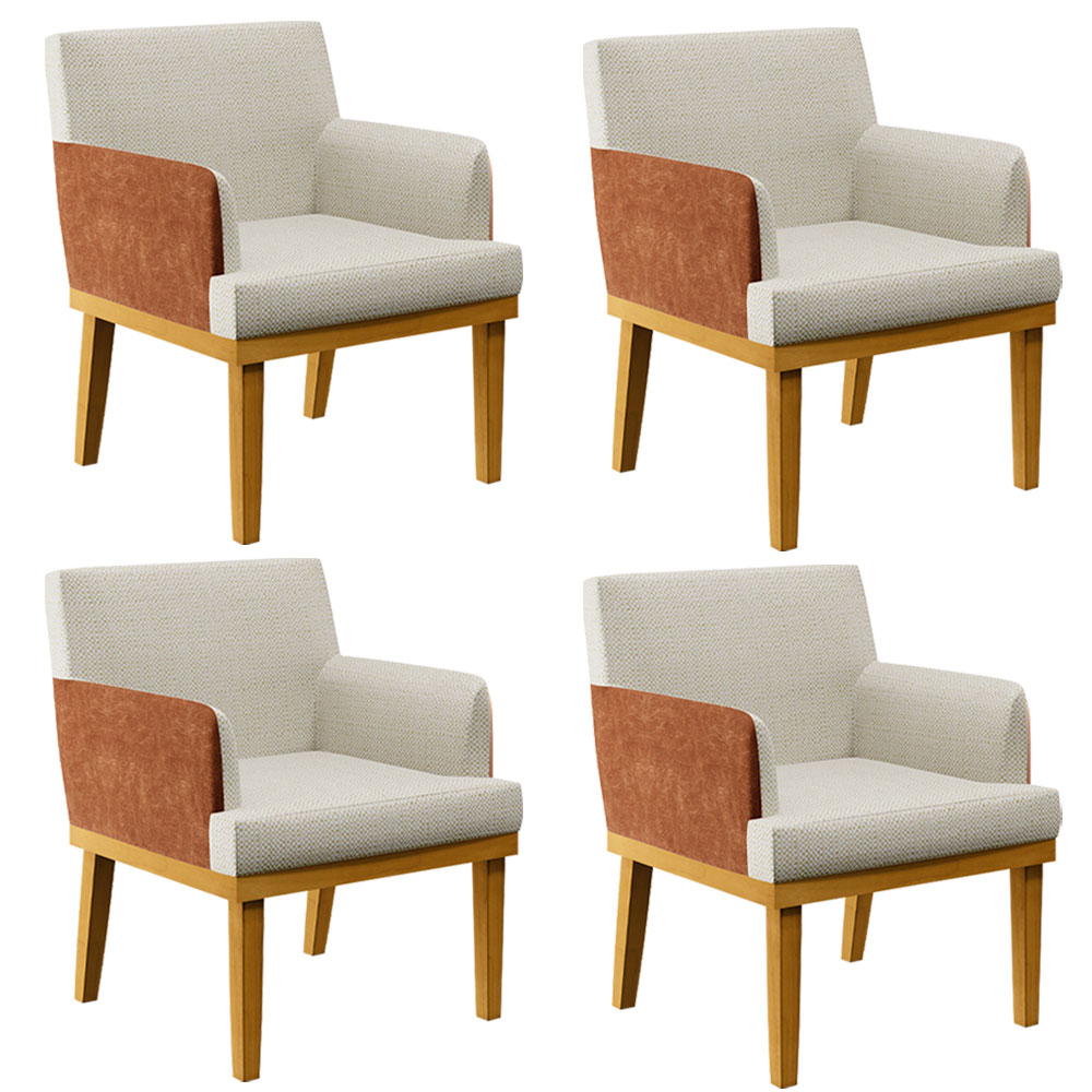 Kit 4 Poltronas Decorativas Sala De Estar Beatriz W01 Linho Champagne Couríssimo Camel - Lyam Decor