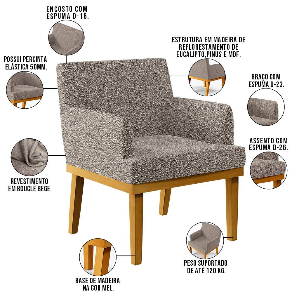 Kit 4 Poltronas Decorativas Sala De Estar E Recepção Base Mel Beatriz W01 Bouclê Bege - Lyam Decor