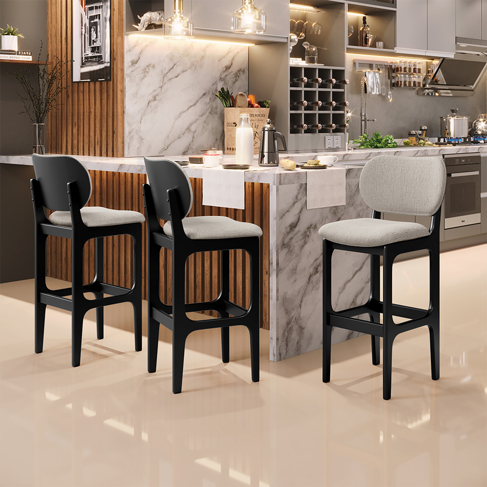 Kit 6 Banquetas Alta Bar Cozinha Sala Jantar Fixa Betta L02 Preto Linho Bege - Lyam Decor