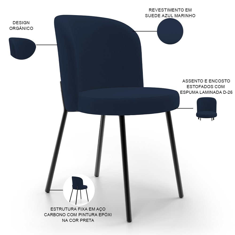 Kit 6 Cadeiras Sala de Jantar Estofada Gavi L02 Suede Azul Marinho - Lyam Decor