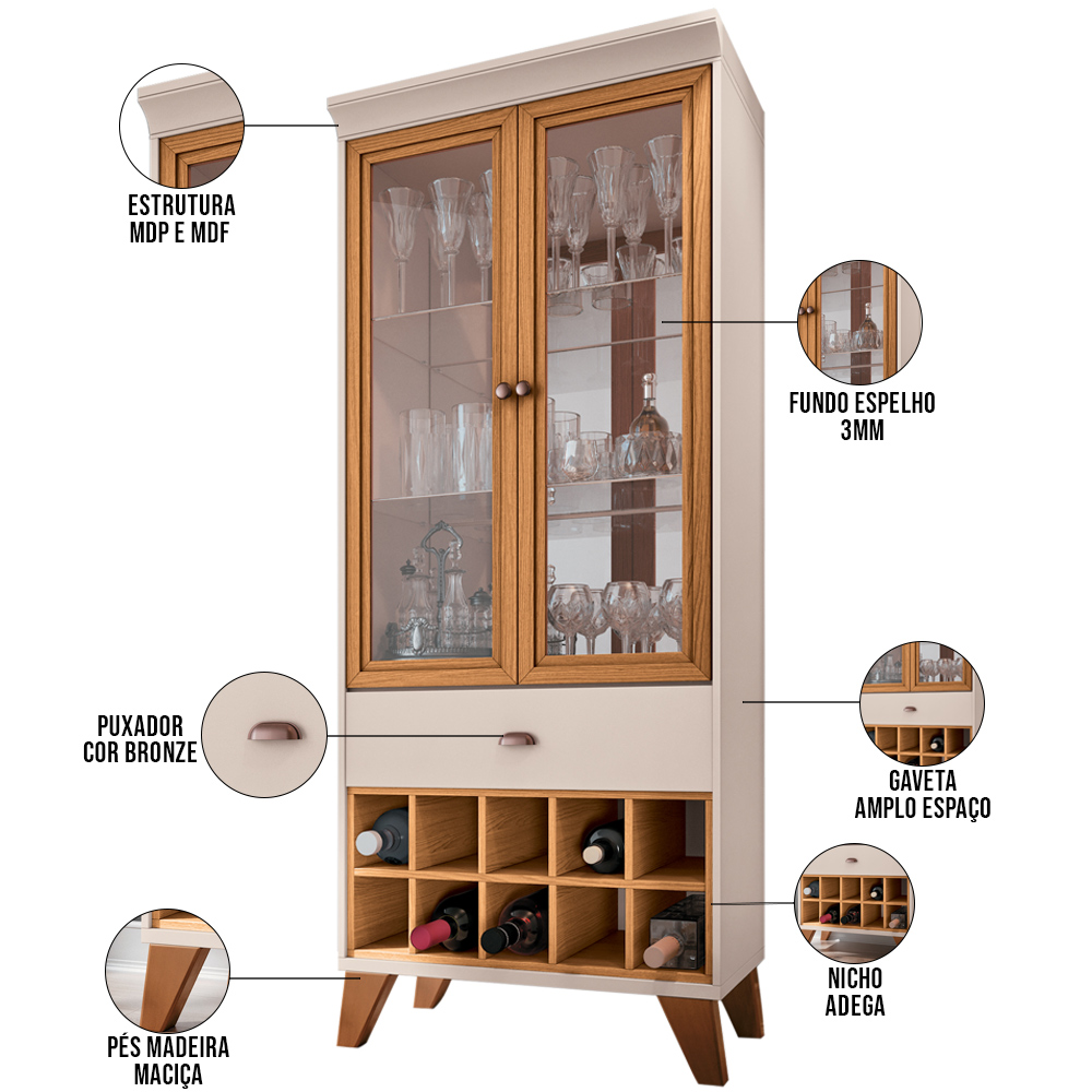 Kit Aparador 04 Portas Havana Com Cristaleira Luma B01 Off White Cinamomo - Lyam Decor