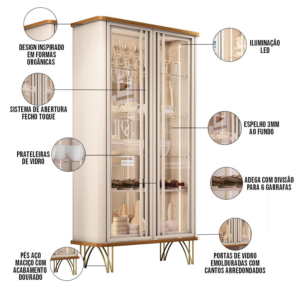 Kit Aparador Buffet Bar Living Santiago com Cristaleira Adega Síria B01 Cinamomo Off White - Lyam