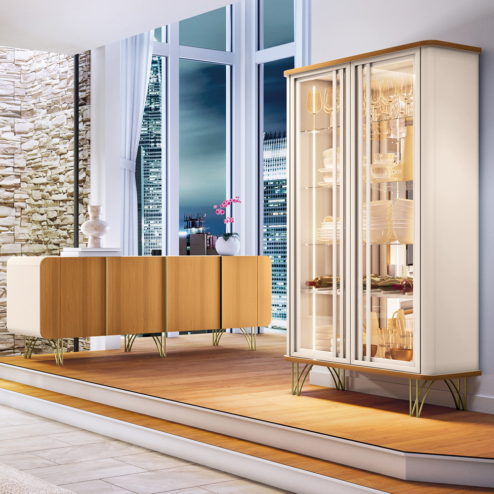 Kit Aparador Buffet Living Santiago Cristaleira Adega Síria e Espelho Ibiza B01 Cinamomo Off - Lyam