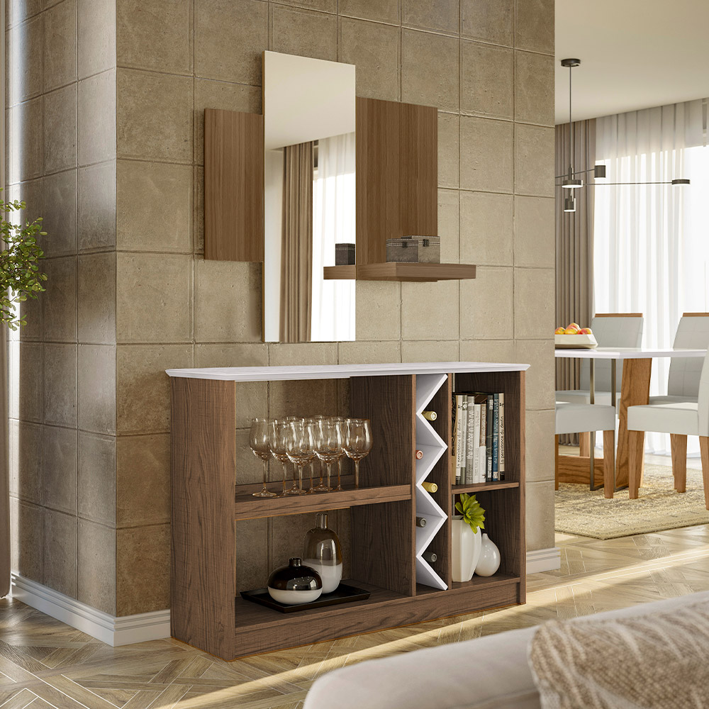 Kit Aparador Buffet Para Sala Com Espelho Decorativo 91cm Atlanta N01 Imbuia Off White - Lyam Decor