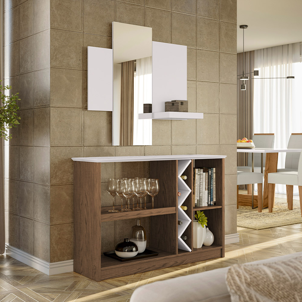 Kit Aparador Buffet Para Sala Com Espelho Decorativo 91cm Atlanta N01 Off White Imbuia - Lyam Decor